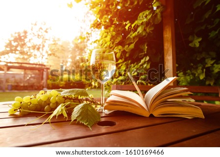 "There is truth in wine" - sunset in the wineglass, a glass of wine and a book at sunset