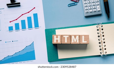 There is white cube with the word HTML. It is an abbreviation for Hyper Text Markup Language as eye-catching image.