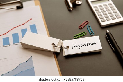 There is word card with the word Algorithm. It is as an eye-catching image.