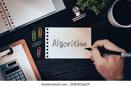 There is word card with the word Algorithm. It is as an eye-catching image.