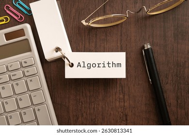 There is word card with the word Algorithm. It is as an eye-catching image.