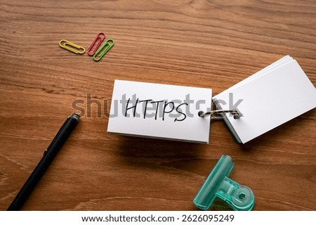 There is word card with the word HTTPS. It is an abbreviation for Hypertext Transfer Protocol Secure as eye-catching image.