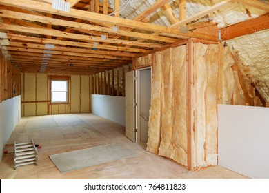 Thermal And Hidro Insulation Inside Wall Insulation In Wooden House, Building Under Construction