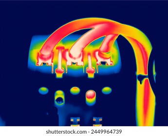 Thermal Image Close up of electrical circuit breaker with terminal shows high temperature in Oil and gas Mining Industry with Rainbow filter Lenses