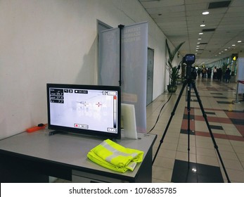 Thermal imaging camera at the airport. It is used to detect airport passengers temperature and determine high risk passenger of transmitting a disease