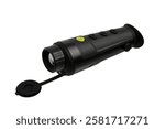 Thermal imaging monocular with lens cap, black body, multiple control buttons, and ergonomic design, ideal for night vision and outdoor activities. Isolate on white background.