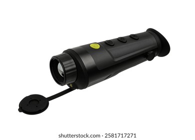 Thermal imaging monocular with lens cap, black body, multiple control buttons, and ergonomic design, ideal for night vision and outdoor activities. Isolate on white background.