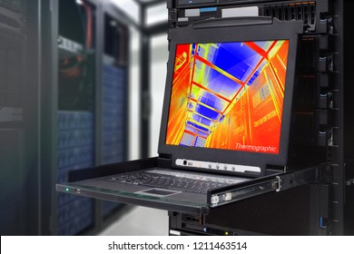 Thermal imaging show on Computer display in Data Center, Server Room