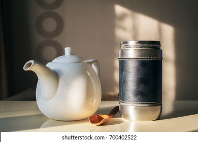 Thermal mug, teapot and spoon  - Shutterstock ID 700402522