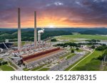 Thermal power plant burning coal fossil fuel for production of electrical energy. Kingston power station in Roane County, Tennessee