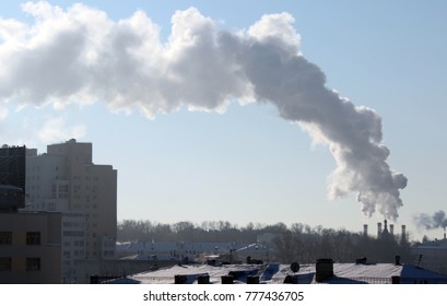 Thermal power plant with smoking chimneys. Pollution of environment by plant