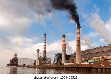 Thermal Power Station Polluting  Air with Black Smoke. At Costanera Sur, Puerto Madero, Buenos Aires, Argentina