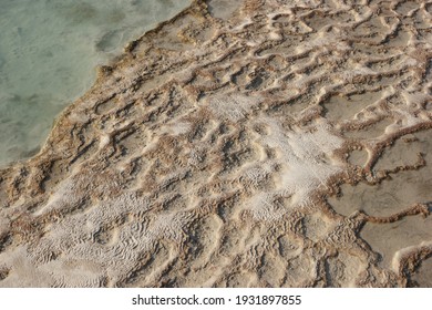 Thermal Springs Pamukkale, Turkey. The Old Calcium Bath And Travertine Water. Calcium Carbonate Mineral Deposits Background.