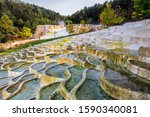 Thermal water pools in Egerszalok. The limestone hill. Mineral natural terraced basins in Egerszalok, Hungary.