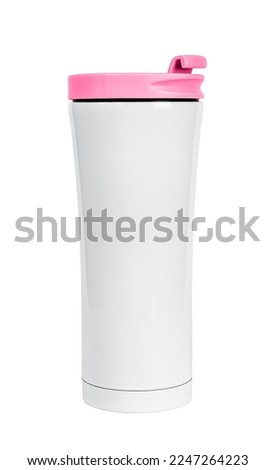 Thermo cup, travel tumbler isolated on white background. Thermal coffee, hot drink mug, metal flask with pink closed cap, lid. Vacuum thermos. High quality photo