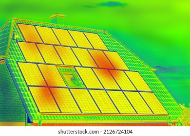 Thermographic inspection of photovoltaic systems by house.Thermovision image of solar panels. Infrared thermovision image. Infrared thermography in inspection of photovoltaic panels. 