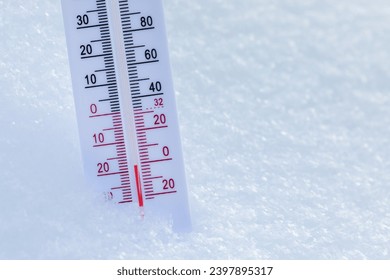 Thermometer with both Celsius and Fahrenheit scales placed in fresh snow indicating freezing cold winter temperature - Powered by Shutterstock