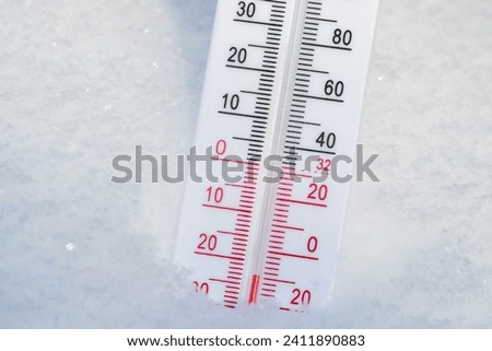 Thermometer with both Celsius and Fahrenheit scales placed in fresh snow indicating extremely cold winter temperature