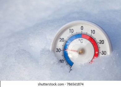 Thermometer with celsius scale placed in a fresh snow showing sub-zero temperature minus 29 degree - extreme cold winter weather concept