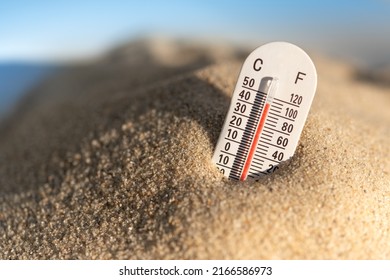 Thermometer displaying hot temperatures in summer day. Both ceclius and fahrenheit. - Shutterstock ID 2166586973