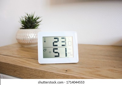 Thermometer hygrometer measuring the optimum temperature and humidity in a house, apartment or office, a photo for articles about the house’s microclimate, health, disease relief and virus treatment