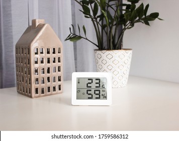 Thermometer hygrometer measuring the optimum temperature and humidity in a house, a photo for articles about the house’s microclimate, health, disease relief and virus treatment