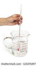 Thermometer measures the temperature of the water in beaker with scale.Hand hold thermometer
