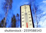 Thermometer for measuring outdoor air temperature. Cold weather in winter season. Meteorological device for observing, measuring the weather. Weather forecast. Thermometer on autumn background. 