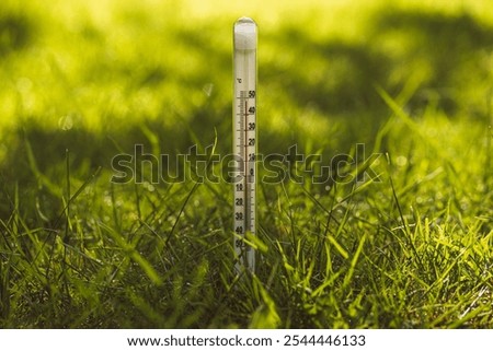 A thermometer with a measuring scale on a grass background. Climate change.Exceeding the temperature of the earth.Hot weather. 40 degrees of heat.The greenhouse effect.Weather forecast.