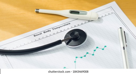 A Thermometer, A Pen, A Stethoscope And A Basal Body Temperature Chart  On The Desk.