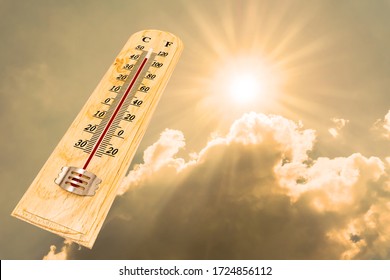 The thermometer showing high temperatures over 40 degree with sunlight background.