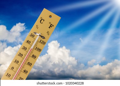 Thermometer Shows High Temperature In Summer