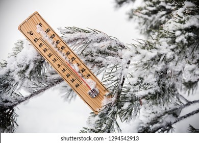 thermometer with subzero temperature stuck in the snow in the winter forest