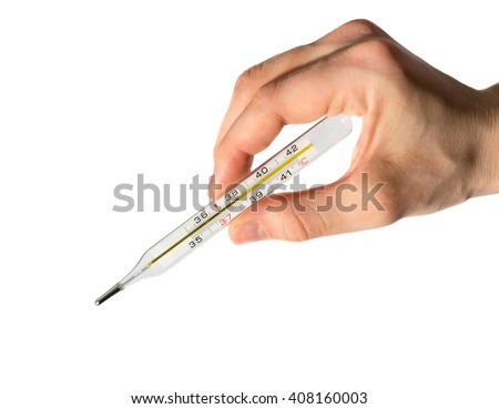 Thermometer in woman hand with elevated temperature isolated on white background. Temperature or fever measuring by thermometer. Corona virus covid or covid-19 diagnosis. Health and medicine concept.