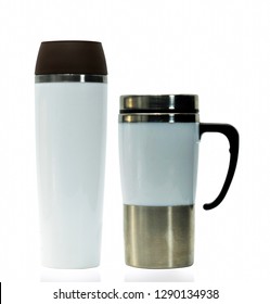 Thermos Bottle Isolated On White Background. Coffee Or Tea Reusable Bottle Container. Thermos Travel Tumbler. Insulated Drink Container. White Stainless Steel Thermos Water Flask. Zero Waste.