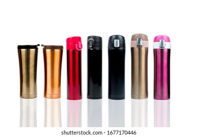 Thermos Bottle Isolated On White Background. Coffee Or Tea Reusable Tumbler Container. Thermos Travel Tumbler. Gold, Red, Pink, And Black Stainless Steel Thermos Water Flask. Tumbler For Beverage.