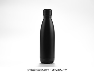 Thermos Bottle Isolated On White Background. Coffee Or Tea Reusable Bottle Container. Thermos Travel Tumbler. Insulated Drink Container. Black Stainless Steel Sport Thermos Water Flask. Zero Waste.