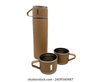 Thermos bottle isolated on white background. Aluminum can. Thermos and metal cups of coffee.