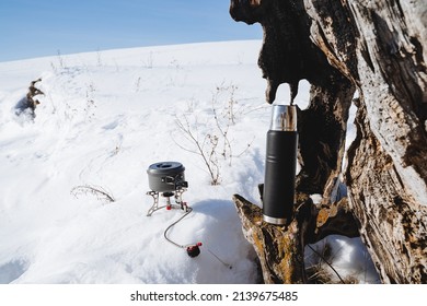 Thermos Pan Burner, Camping Camping Utensils, Old Tree Root, White Snow, Sunny Weather. High Quality Photo