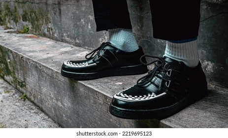 These Black Creepers Shoes With Black-and-white Weave Are Made Of Leather And With A Black Sneakers Outsole, These Elegant And Luxurious Sneakers Are Made By A Home Craftsman