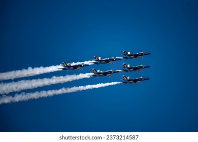 These are pictures from the airshow in san fransisco during fleet week of 2023. There are the Blue angles, an F35 fighter, united airlines B777 and a few other planes.