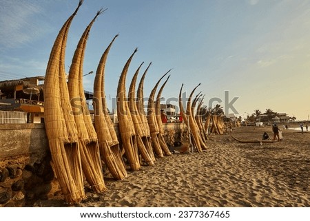 These reed boats are called 'caballitos de totora' because of their shape, which resembles a horse. They have been used for thousands of years by the local fishermen in Huanchaco. Foto stock © 