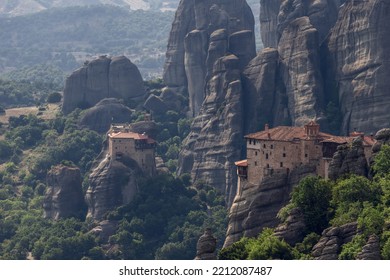 These two monasteries - St Nicholas Anapafsas and Rousanou - not being able to grow in breadth, applied consecutive-storeyed construction, Meteora, Greece - Shutterstock ID 2212087487