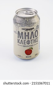 Thessaloniki, Greece - April 26 2022: Greek Apple Carbonaceous Cider Beverage Milokleftis 330 Ml Can With Hellenic Name And Logo On 330 Ml Can Containing 4.5 Percent Alcohol, Against White Background.