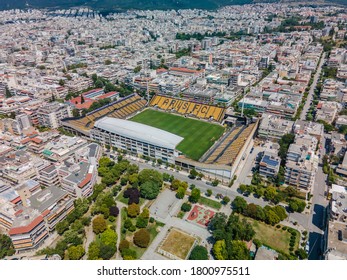 Thessaloniki, Greece, August 9, 2020: Aerial Shot Of The Kleanthis Vikelidis Stadium Without Fans, Home Of ARIS Football Team.