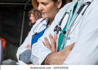 Thessaloniki, Greece - Feb 16, 2018: Doctor During An Earthquake Exercise At The AHEPA Hospital