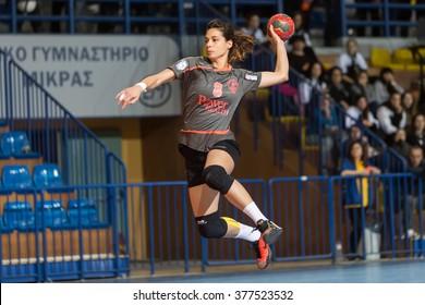 Thessaloniki, Greece - February 13, 2016: Handball Player In Action During The Greek Women Cup Final Handball Game Arta Vs Nea Ionia