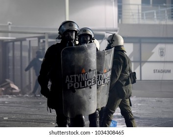 Thessaloniki, Greece - February 25, 2018. Greek Riot Police Officers During Clashes With PAOK FC Fans, Outside The Toumba Stadium.