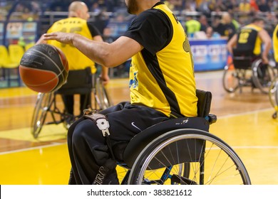 Thessaloniki, Greece - February 28, 2016: Unidentified People Play A Friendly Game Of Wheelchair Basketball At Nick Galis Stadium