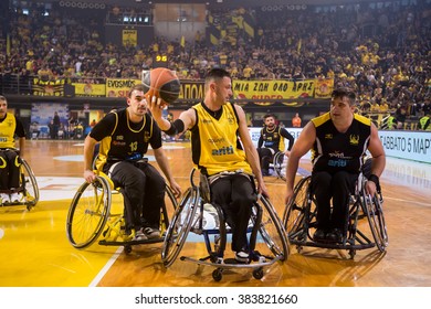 Thessaloniki, Greece - February 28, 2016: Unidentified People Play A Friendly Game Of Wheelchair Basketball At Nick Galis Stadium